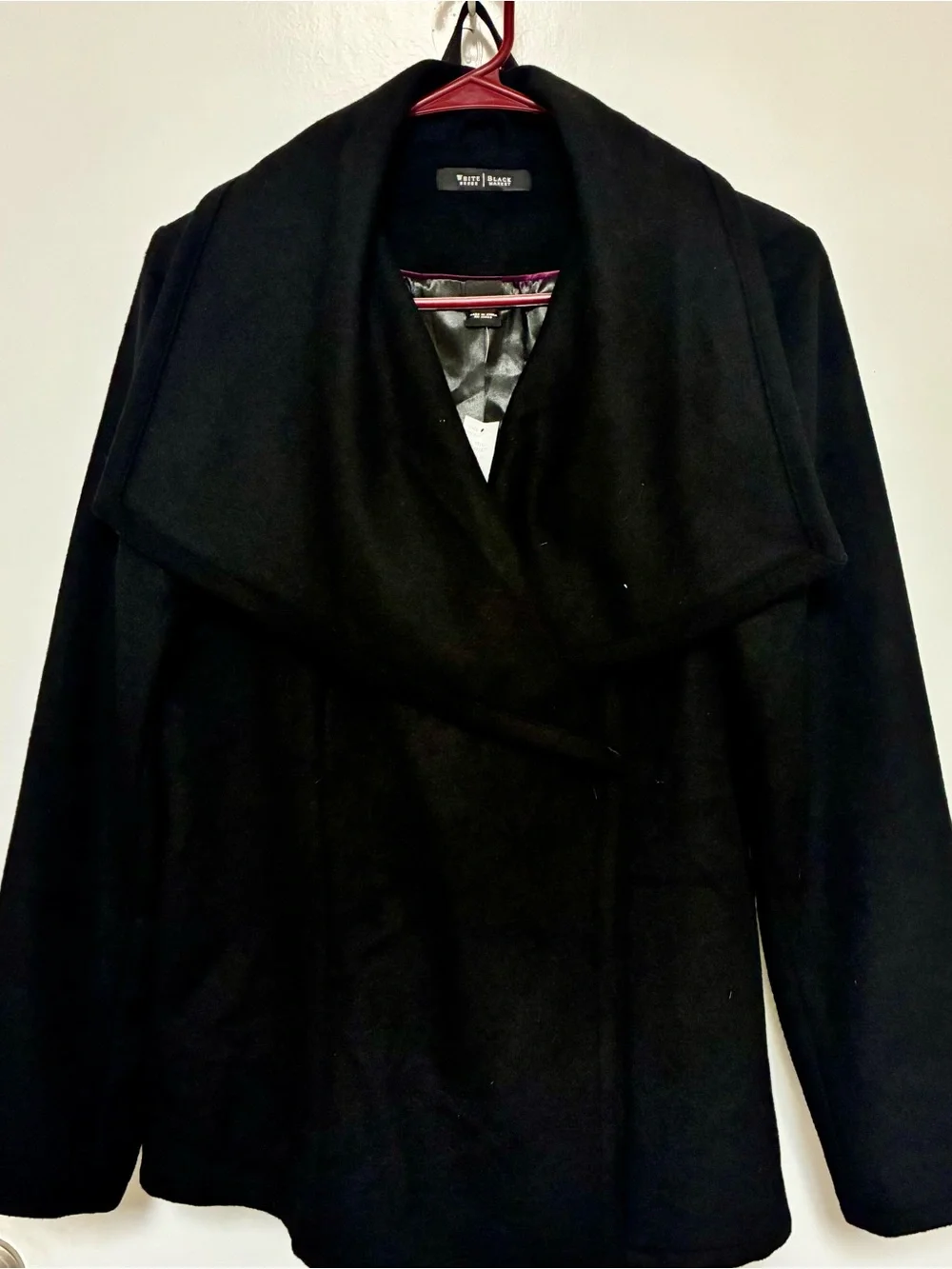 NWT White House Black Market Black Shawl Collar Wool-Blend Wrap Coat w belt